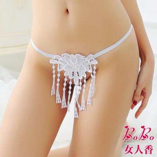 女人香 鏤空刺繡流蘇 珍珠按摩開檔情趣內褲-低腰免脫丁字褲-雪白