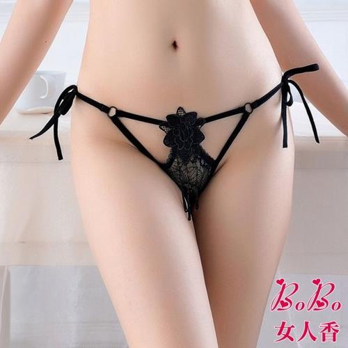 女人香 薔薇花刺繡 低腰三角內褲-綁繩可調大小丁字褲-黑