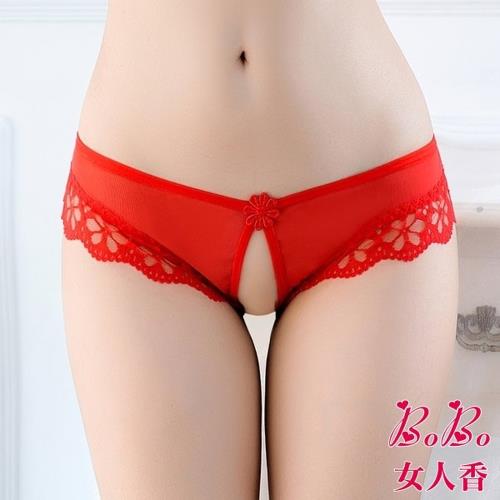 女人香 花邊教主 蕾絲滾邊開檔情趣內褲-低腰免脫丁字褲-甜心紅
