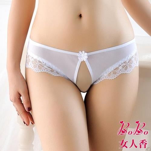 女人香 花邊教主 蕾絲滾邊開檔情趣內褲-低腰免脫丁字褲-梨花白