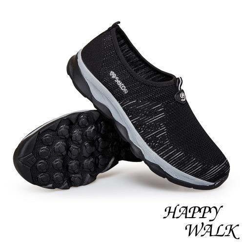 【HAPPY WALK】個性立體透氣飛織線條拼接造型套腳式懶人休閒鞋 黑
