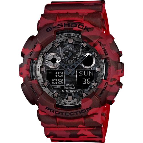 CASIO卡西歐G-SHOCK迷彩雙顯錶-紅/49mmGA-100CM-4ADR/GA-100CM-4A