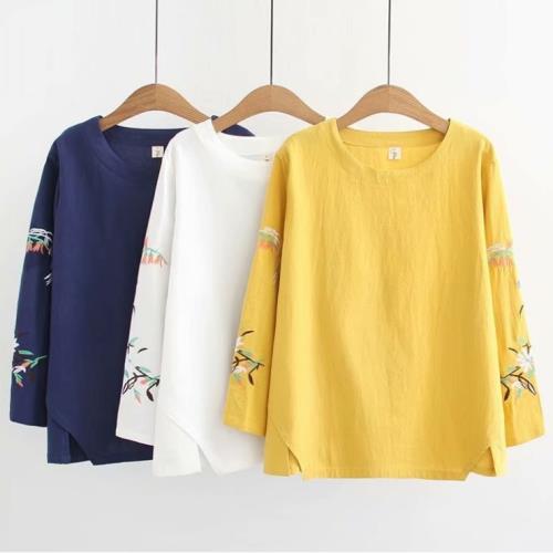 麗莎熊 LisaBear 大尺碼圓領繡花交叉切口下擺長袖上衣 XL~4XL