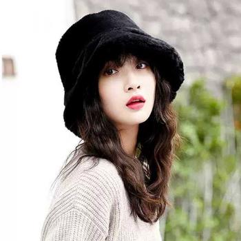 【幸福揚邑】韓版時尚保暖毛絨漁夫帽盆帽平頂帽-黑