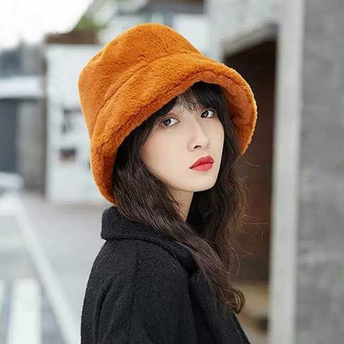 【幸福揚邑】韓版時尚保暖毛絨漁夫帽盆帽平頂帽-焦糖