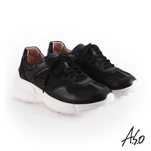 A.S.O 3D超動能 牛皮網布綁帶休閒鞋-黑