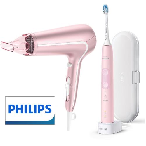 期間下殺↘PHILIPS飛利浦 智能護齦音波震動牙刷HX6856(甜玫粉) + 水潤溫控護髮吹風機 BHD171