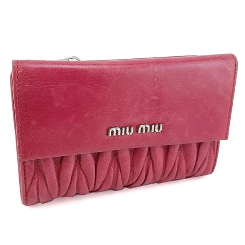 MIU MIU 桃紅色復古皺褶牛皮10卡三折式中夾 (展示品) 