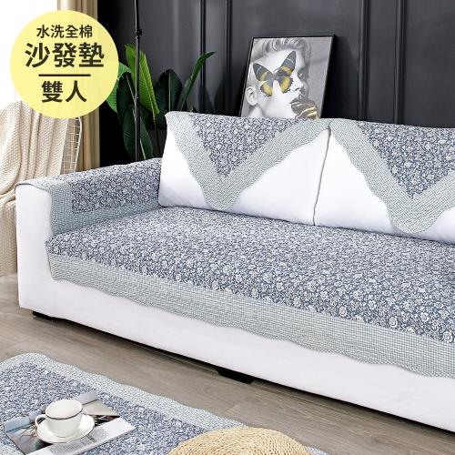 【BonBon naturel】100% 純棉防滑沙發墊(藍色花韻) / 二人坐墊 # 4106