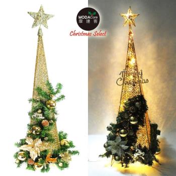 摩達客耶誕-90CM檳金色系聖誕裝飾四角樹塔聖誕樹+LED50燈插電式燈串暖白光(附贈IC控制器)