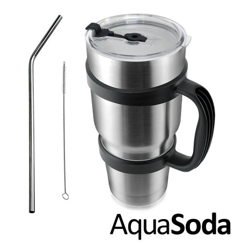 AquaSoda 304不鏽鋼陶瓷雙層保溫保冰杯900ml(杯架組)