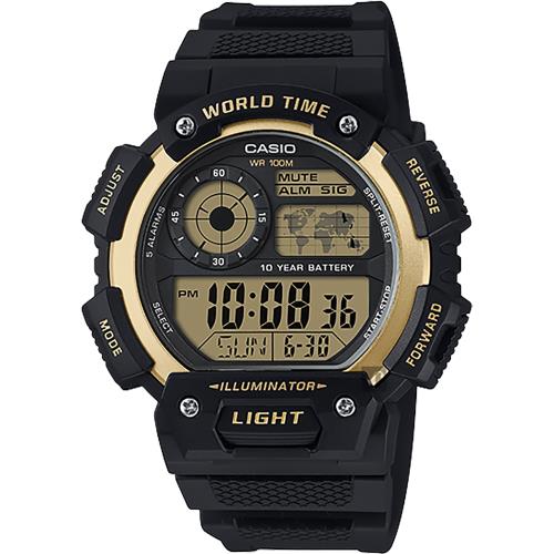 CASIO 卡西歐 10年電力世界時間手錶-金x黑 AE-1400WH-9A / AE-1400WH-9AVDF