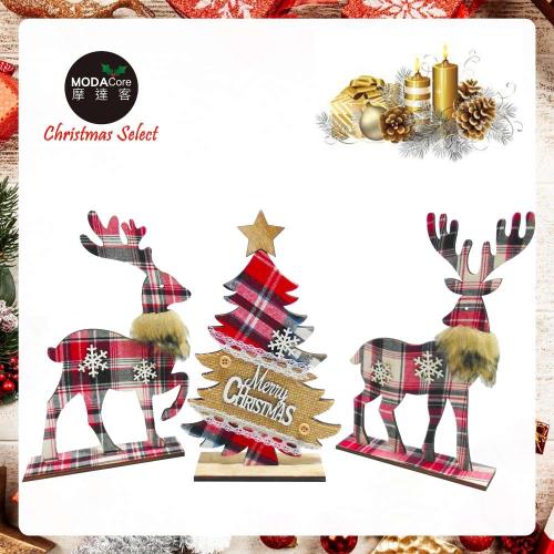 摩達客 木質蘇格蘭格紋風彩繪聖誕擺飾(聖誕樹+麋鹿一對組/三入組合)