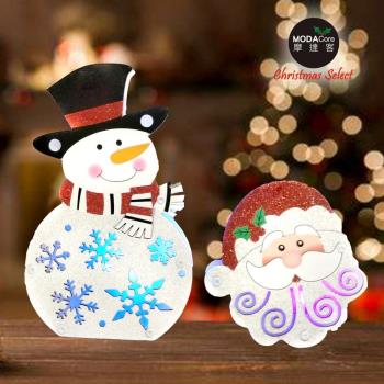 摩達客 聖誕金蔥彩繪LED電池燈吊飾對組-聖誕老公公+雪人(一組兩入)