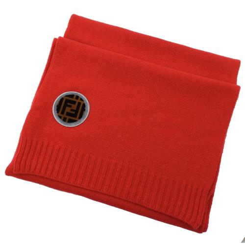 FENDI 圓形LOGO徽章針織羊毛長圍巾.紅