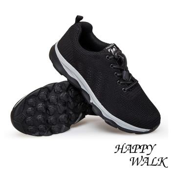 【HAPPY WALK】時尚縷空透氣飛織布面機能防滑大底休閒運動鞋 黑