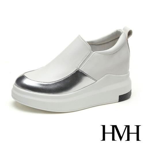 【HMH】時尚亮面皮革拼接厚底內增高舒適樂福鞋 白