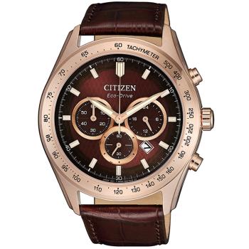 CITIZEN 星辰 亞洲限定款光動能三眼計時腕錶/咖啡x玫瑰金/43mm/CA4452-17X