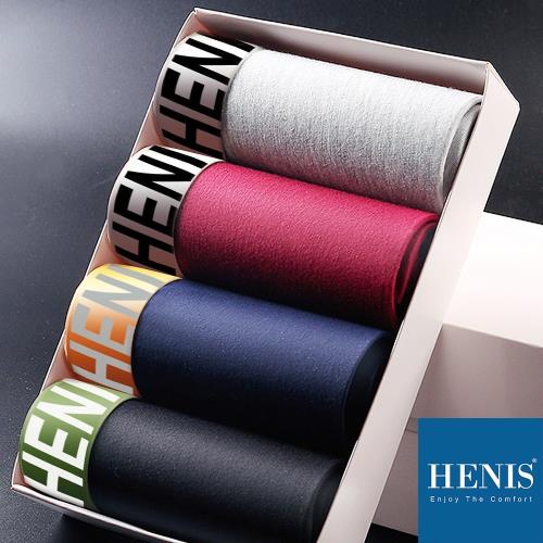 ★精裝4入★HENIS 潮感彩印腰帶 木戴爾舒適四角褲 精裝4入
