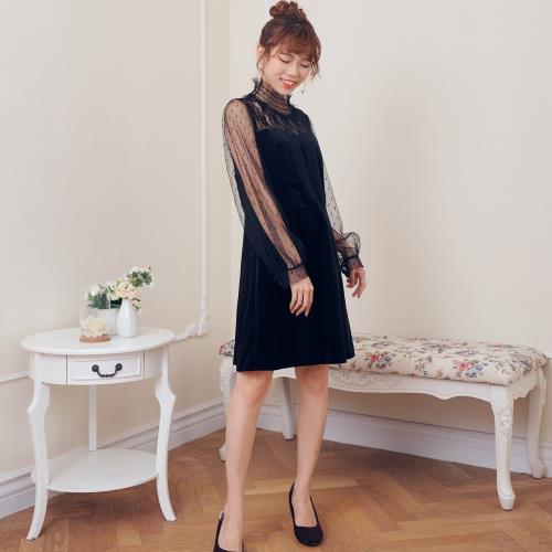【Abbie】韓款高領氣質蕾絲網紗拼接絲絨洋裝