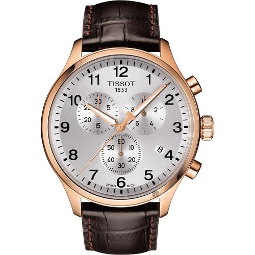 TISSOT天梭韻馳系列ChronoXL計時手錶-銀x玫塊金框x咖啡錶帶/45mmT1166173603700