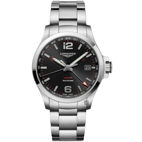 LONGINES浪琴征服者系列V.H.P.GMT萬年曆手錶-黑x銀/43mmL37284566
