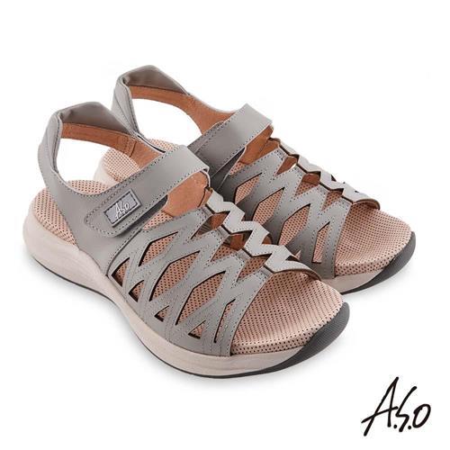 A.S.O 機能休閒 輕穩健康鞋牛皮網格休閒涼鞋-淺灰