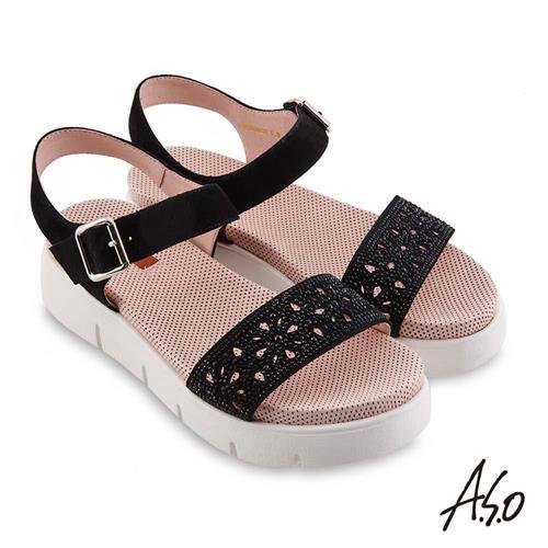 A.S.O 機能休閒 夏季輕量花型沖孔燙鑽休閒涼鞋-黑