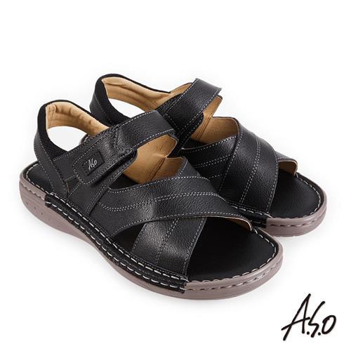 A.S.O 機能休閒 手縫氣墊雙縫厚底休閒男涼鞋-黑