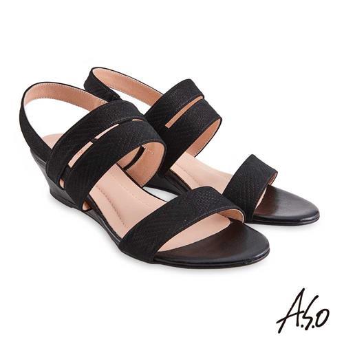 A.S.O 時尚流行 健步美型閃色金箔羊皮楔型涼鞋-黑