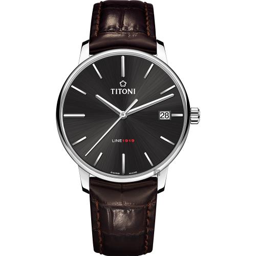TITONI梅花錶LINE1919百年紀念T10機械錶-炭黑x咖啡錶帶/40mm83919S-ST-576