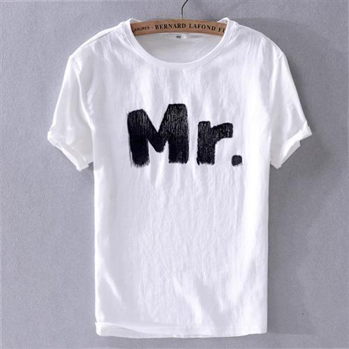 【米蘭精品】亞麻T恤短袖上衣-白色英文字母棉麻男裝73xf40