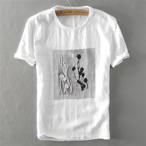 【米蘭精品】亞麻T恤短袖上衣-創意刺繡印花棉麻男裝73xf48