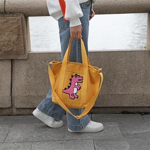 【米蘭精品】手提包帆布側背包-粉色可愛恐龍毛巾繡女包包6色73xb45