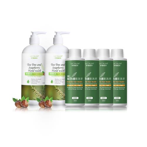MONSA 茶樹無患子防護洗手乳500ML*2+茶樹防護乾洗手凝露型100ML*4 組合