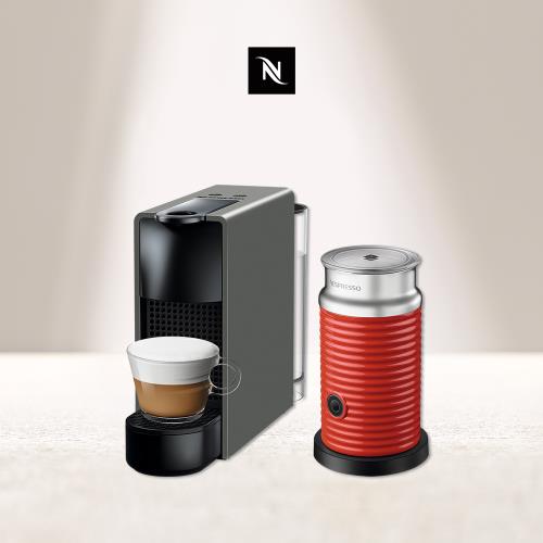 結帳再折【Nespresso】膠囊咖啡機 Essenza Mini 優雅灰 紅色奶泡機組合