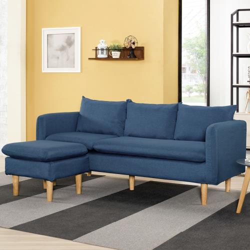 Boden-米恩藍色L型布沙發椅(三人座+腳椅)