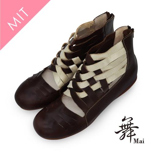 【舞MAI】浪漫舞孃真皮亮澤編織帶增高鞋-MIT手工鞋（咖啡色／黑色）