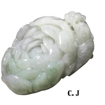 天然A貨 翡翠冰潤 富貴花鳥 如意手工雕刻手把件 -品澐珠寶