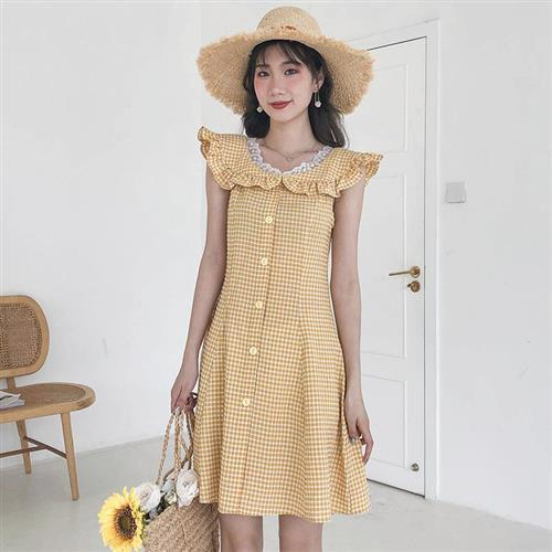 【米蘭精品】洋裝短袖連身裙-蕾絲娃娃領黃色格子連衣裙73xk20