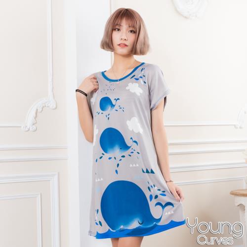 Young Curves 牛奶絲質短袖連身睡衣(C01-100716鯨魚愛噴水)