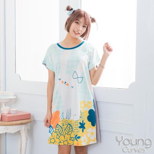 Young Curves 牛奶絲質短袖連身睡衣(C01-100713格紋叢林兔)