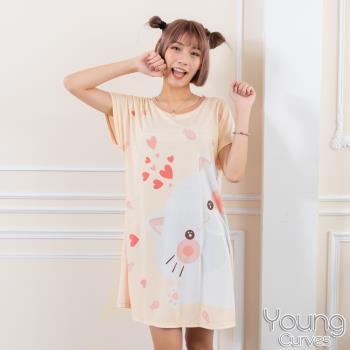 Young Curves 牛奶絲質短袖連身睡衣(C01-100712貓咪愛吃魚)