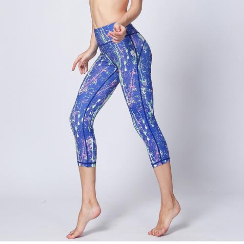 ALLK 超彈力印花跑步瑜珈褲 碎花藍(尺寸M-XL)