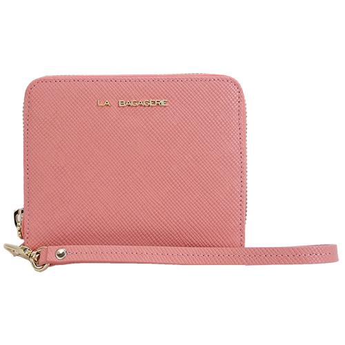 LA BAGAGERIE Poudre素面牛皮手掛式拉鍊短夾(蜜粉)