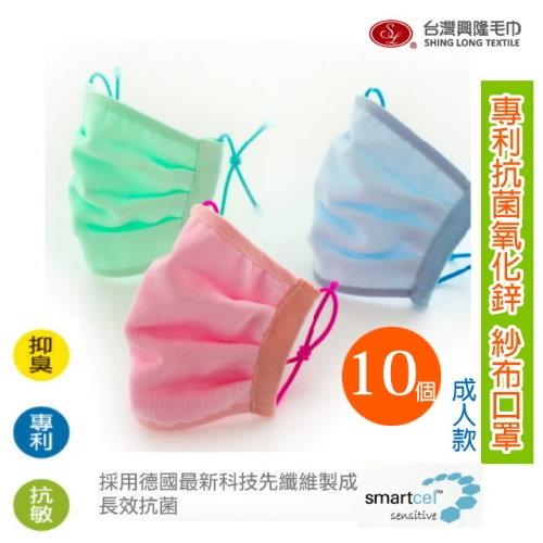 10入組重複性口罩  專利氧化鋅紗布口罩(改良版單入X10)台灣興隆毛巾製 (雙層織造/包覆性佳) 抗菌纖維