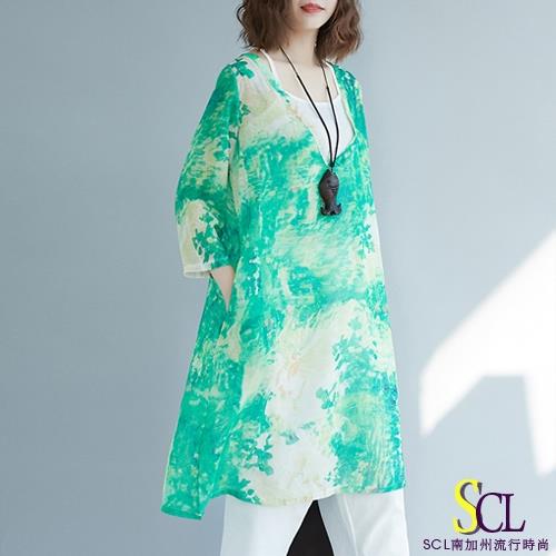 SCL 染花清新穿搭造型長版罩衫 湖水藍 清新綠