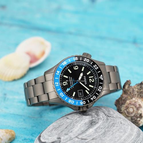 FOSSIL FB-GMT 限量鈦金屬200米潛水錶-灰/45mm(LE1100)|鋼帶手錶