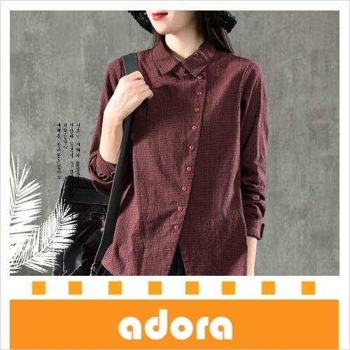 adora 復古文藝千鳥格含棉斜襟長袖百搭格子襯衫@915