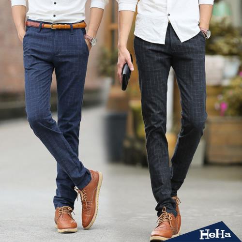 HeHa-經典格紋修身彈力直筒休閒長褲 二色